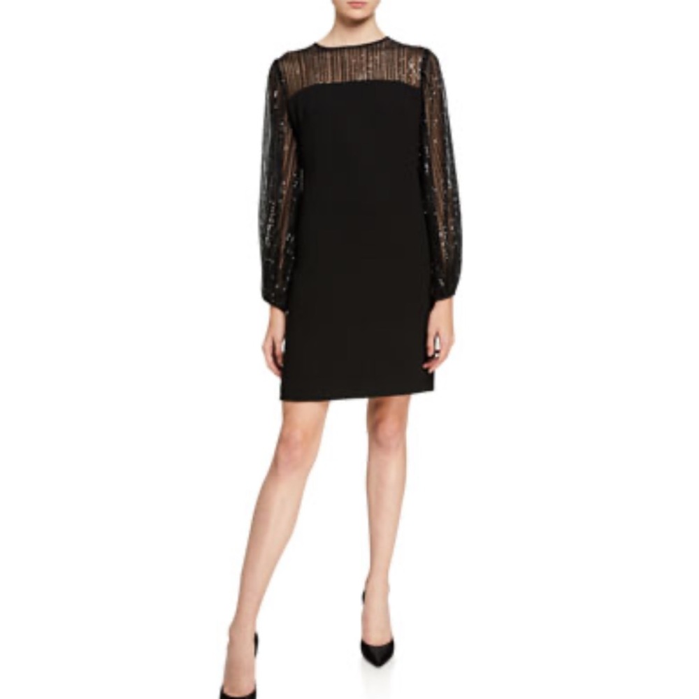 Long-Sleeve Crepe Shift Dress w/ Sheer Sequin Yoke